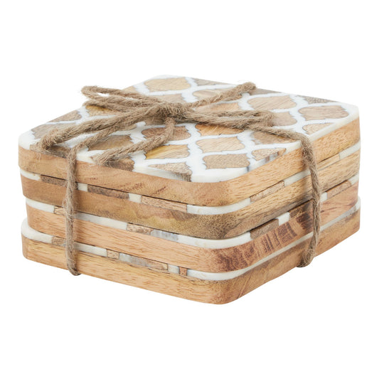 Set Of 4 Wood Effect White Geometric Coasters